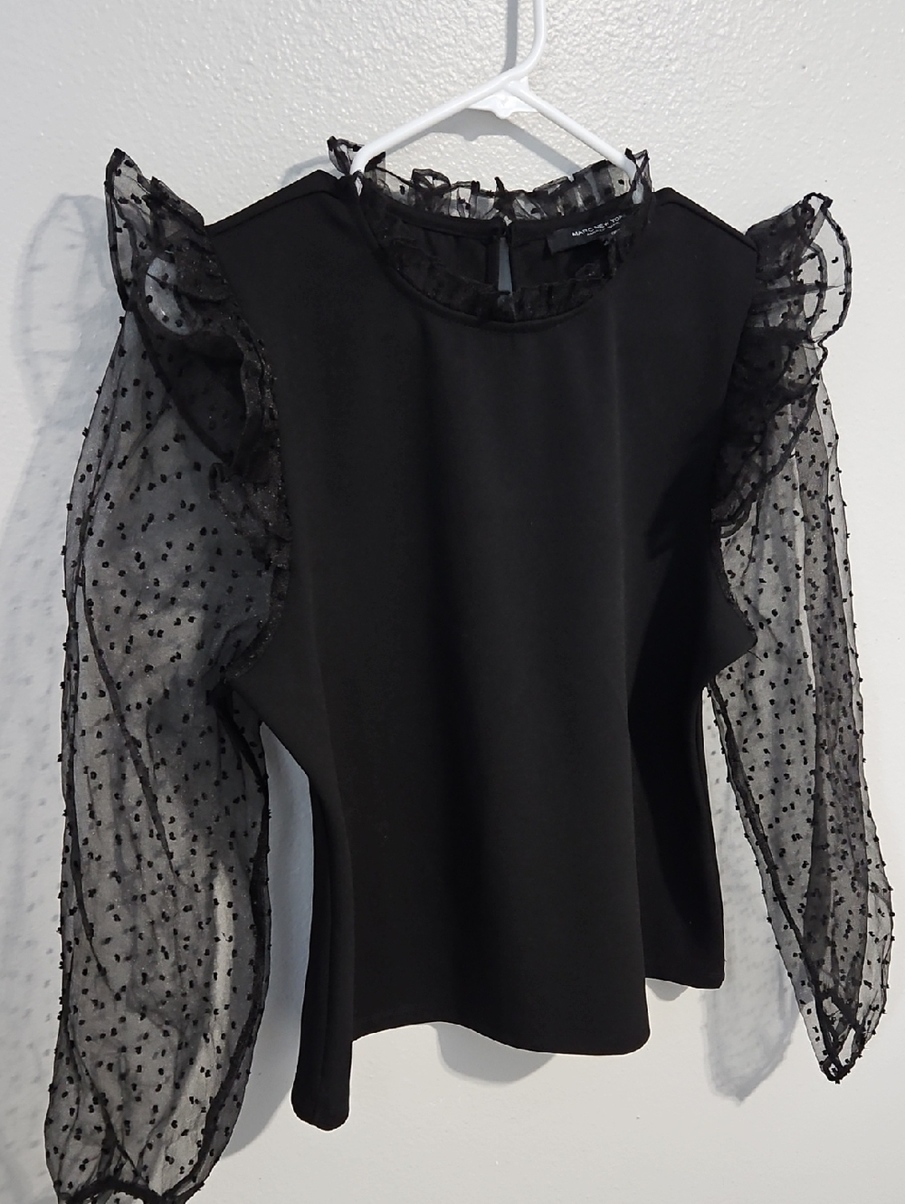 Black Ruffle Neck Top with Sheer Polka Dot Sleeves